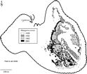 Superimposed maps showing extent of mangrove cover on Low Isles Reef in 1928, 1945, 1982, and 2001, based on analysis of aerial photos and surface mapping.